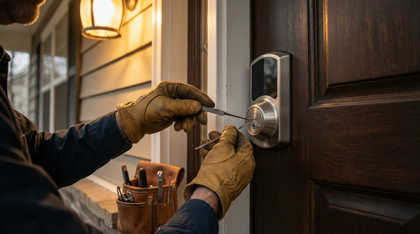 Professional locksmith working on a door lock